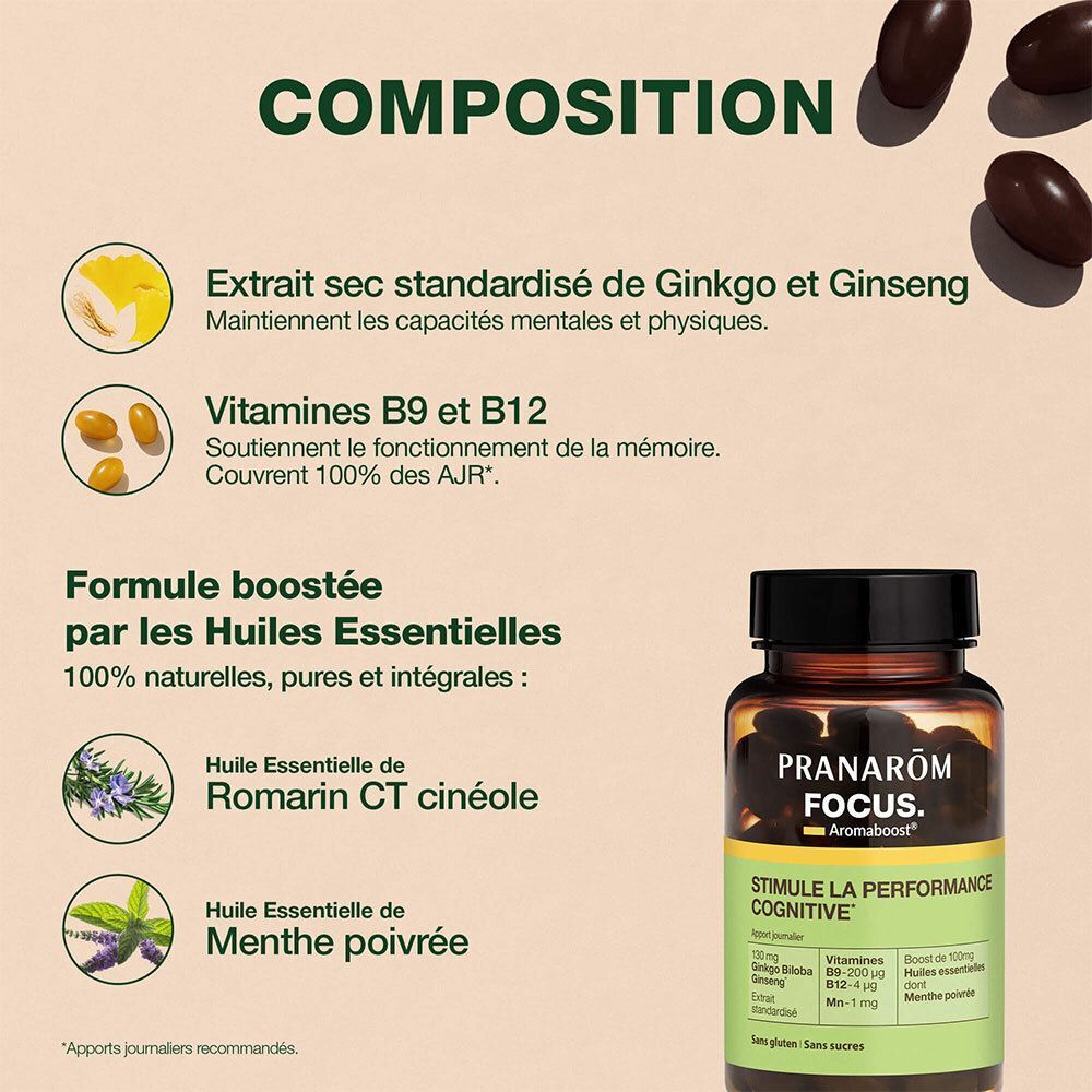 Flacon Pranarom Aromaboost FOCUS avec ingrédients tels que Ginkgo, Ginseng, vitamines B et huiles essentielles.