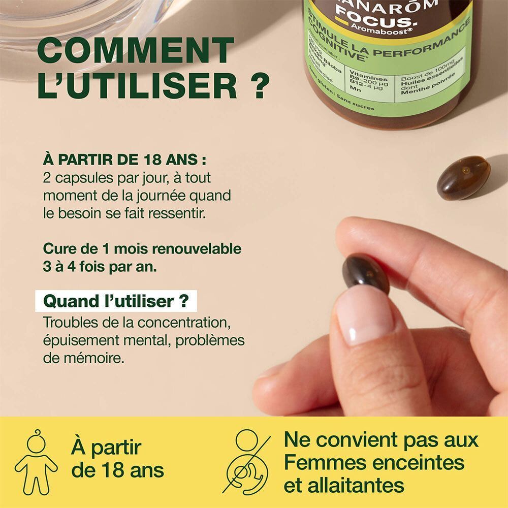 Mode d'emploi Pranarom Aromaboost FOCUS : 2 gélules par jour, non recommandé pour les femmes enceintes.