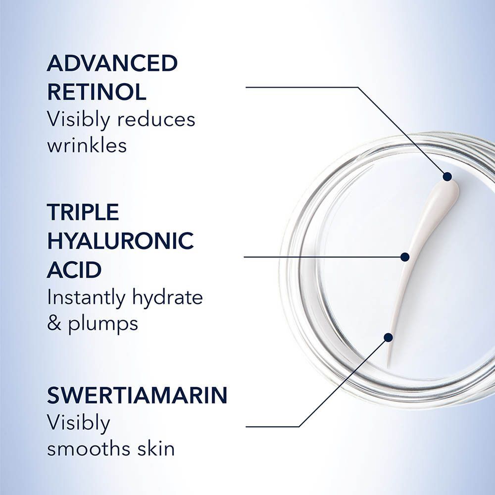 Ingrédients: Rétinol réduit les rides, acide hyaluronique hydrate, swertiamarine lisse.