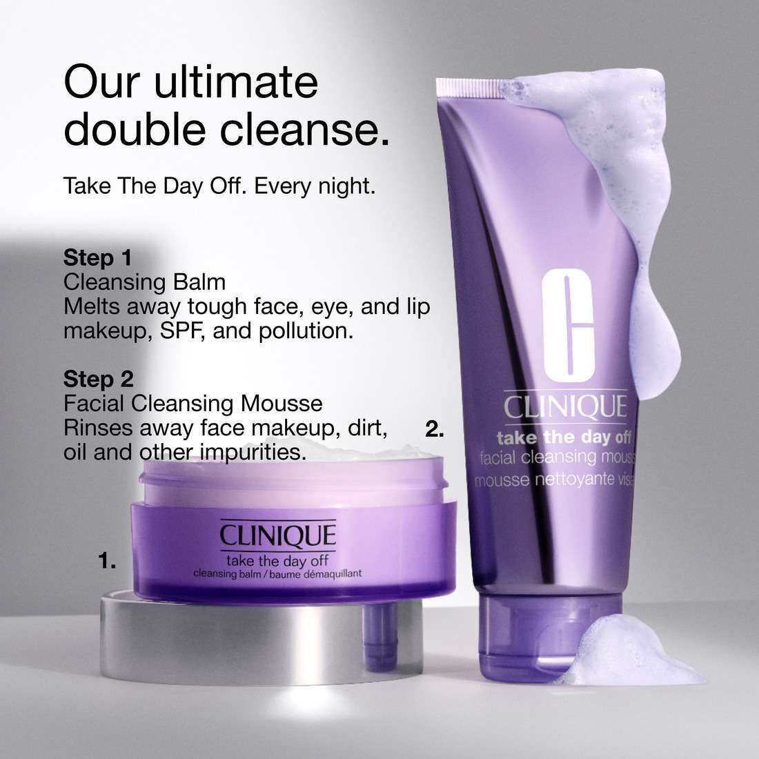 Clinique Take The Day Off™ Reinigungsbalsam und Gesichtsreinigungsmousse für die doppelte Reinigung.
