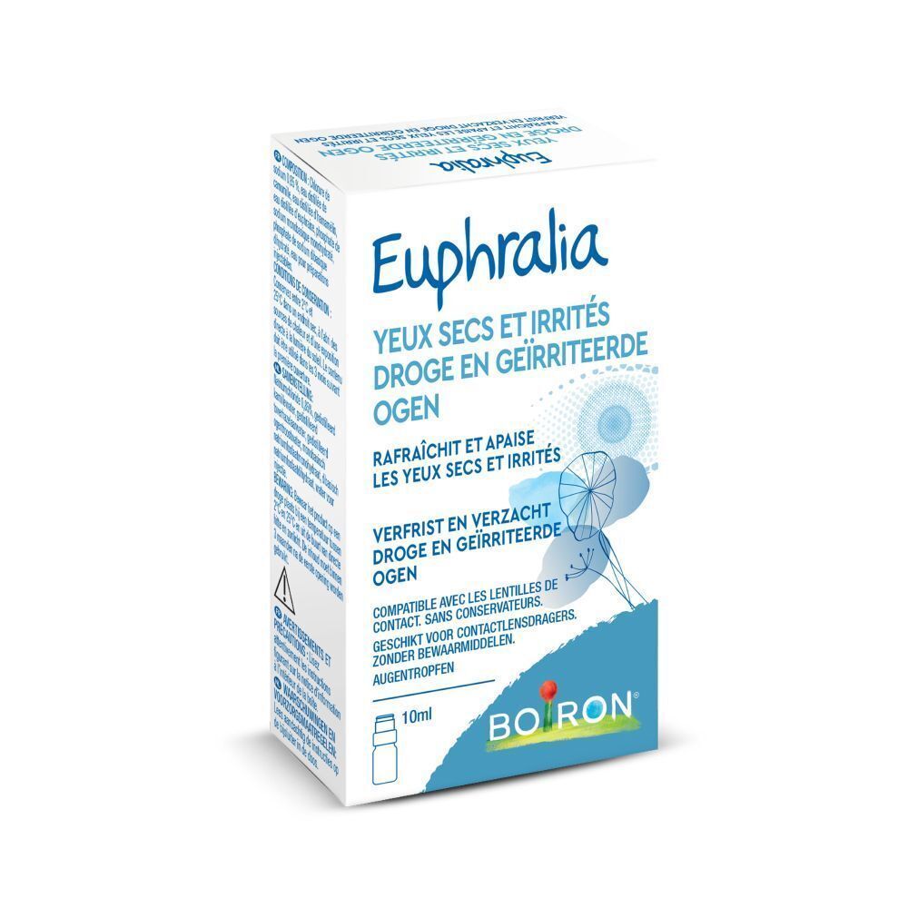 Flesje en doosje Euphralia voor droge, geïrriteerde ogen.