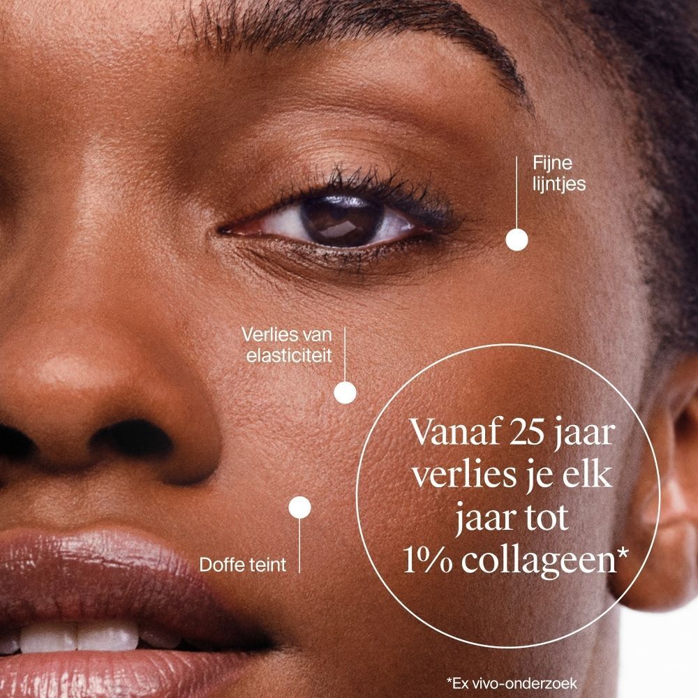 Close-up van een gezicht met fijne lijntjes, verlies van elasticiteit en doffe teint.