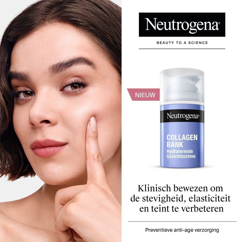 Een vrouw raakt haar gezicht aan naast een flacon Neutrogena Collagen Bank hydraterende gezichtscrème.