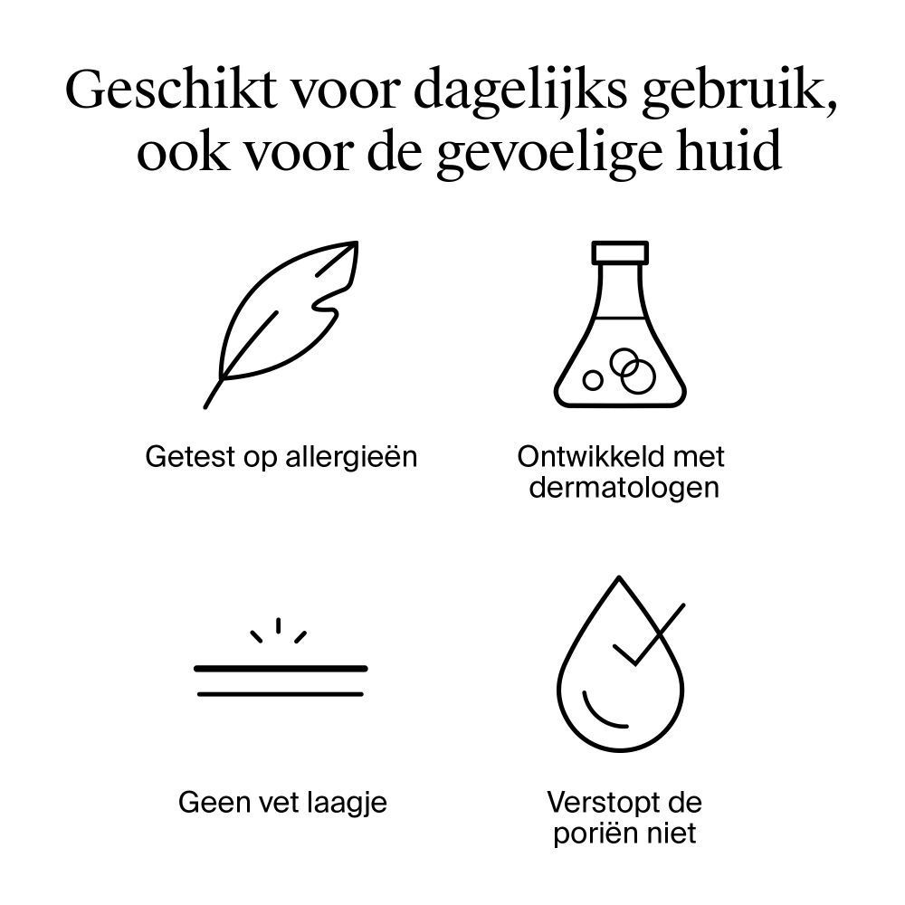 Iconen voor hypoallergeen, ontwikkeld met dermatologen, geen vet laagje, verstopt poriën niet.