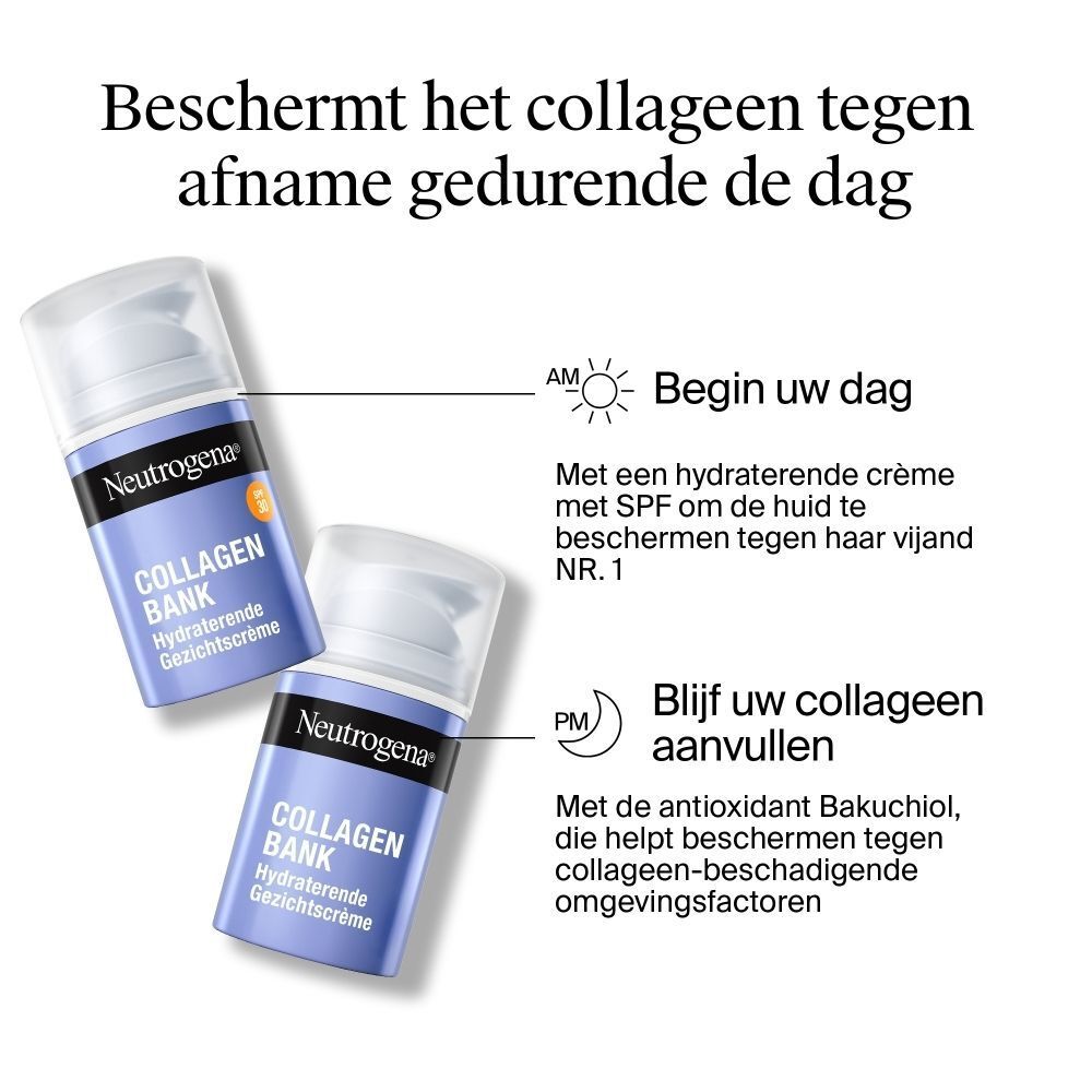 Twee flacons Neutrogena Collagen Bank hydraterende gezichtscrème die ochtend- en avondgebruik tonen.