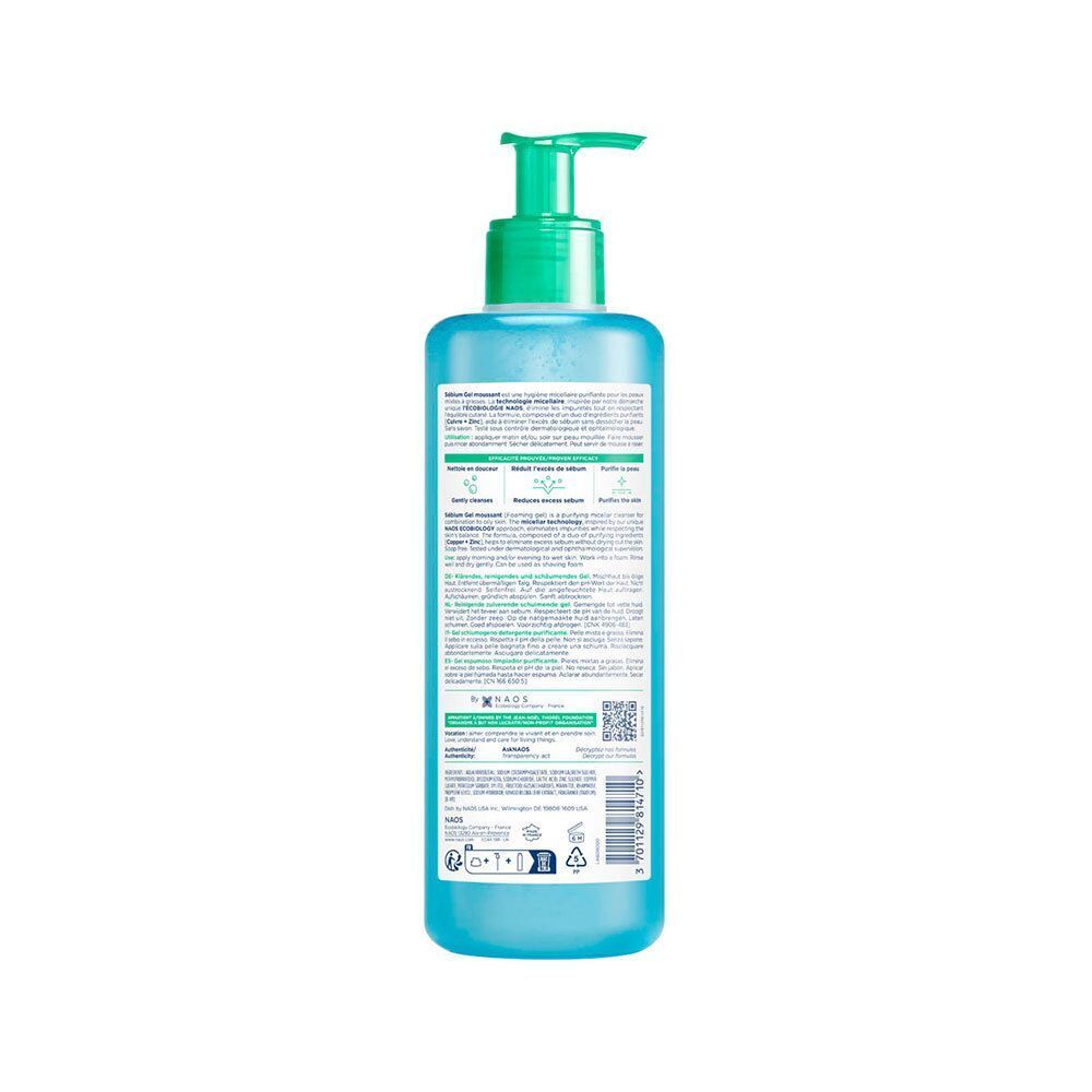 Arrière d'un flacon de Bioderma Sébium Gel Moussant avec étiquette et informations, 400ml.