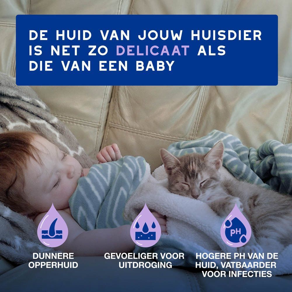 Baby en kat slapen, de huid van het huisdier is net zo delicaat als die van een baby.