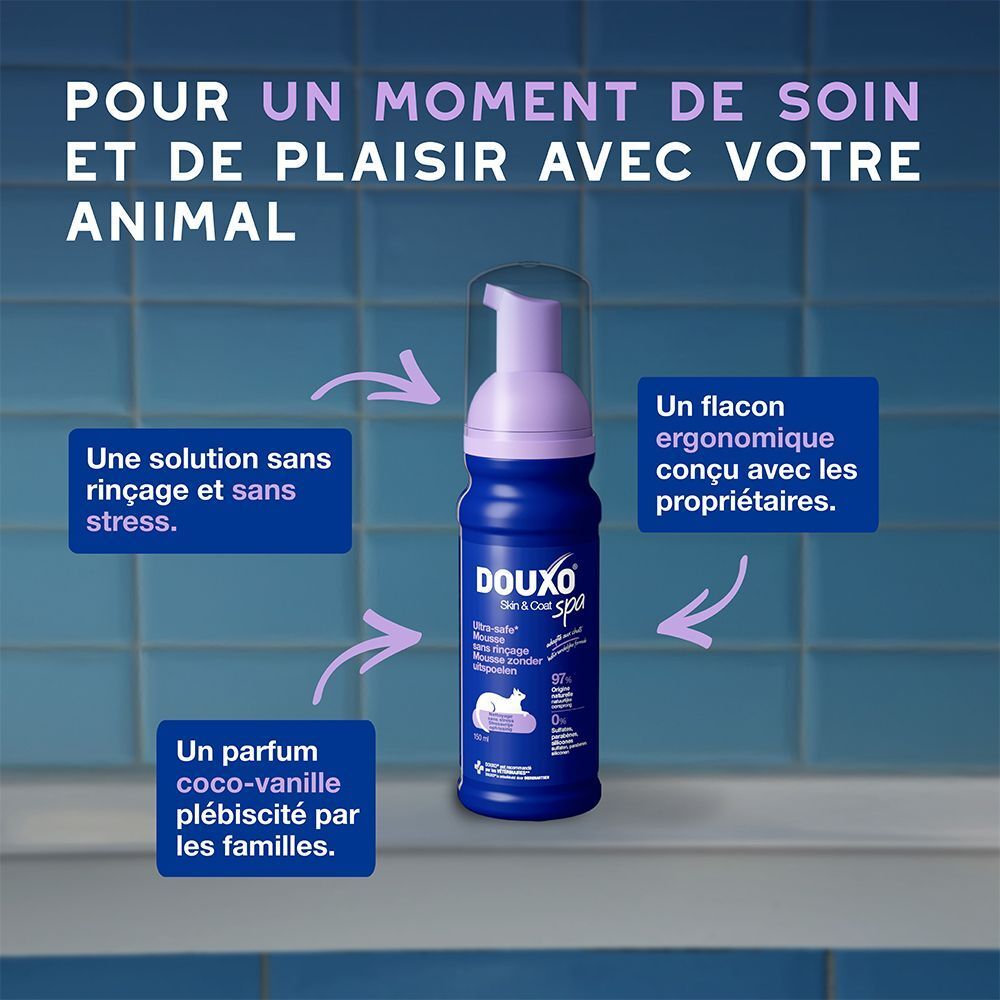 Un chien assis sur un tapis, avec un texte sur l'amélioration de la qualité du pelage.