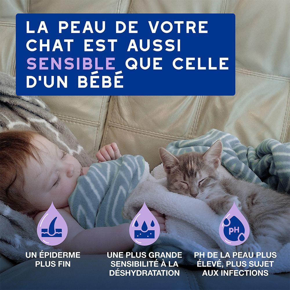 Un bébé et un chat sont allongés côte à côte. Texte : La peau de votre chat est aussi sensible que celle d'un bébé.
