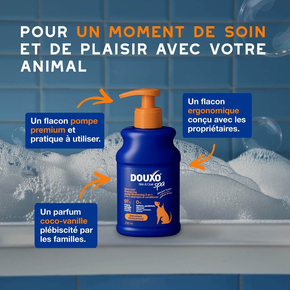 Flacon pompe, parfum coco-vanille. Texte : Pour un moment de soin et de plaisir avec votre animal.