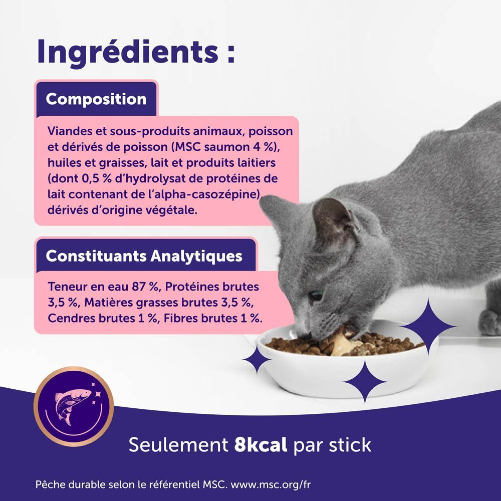 Chat mangeant dans une gamelle, avec texte sur les ingrédients et calories.
