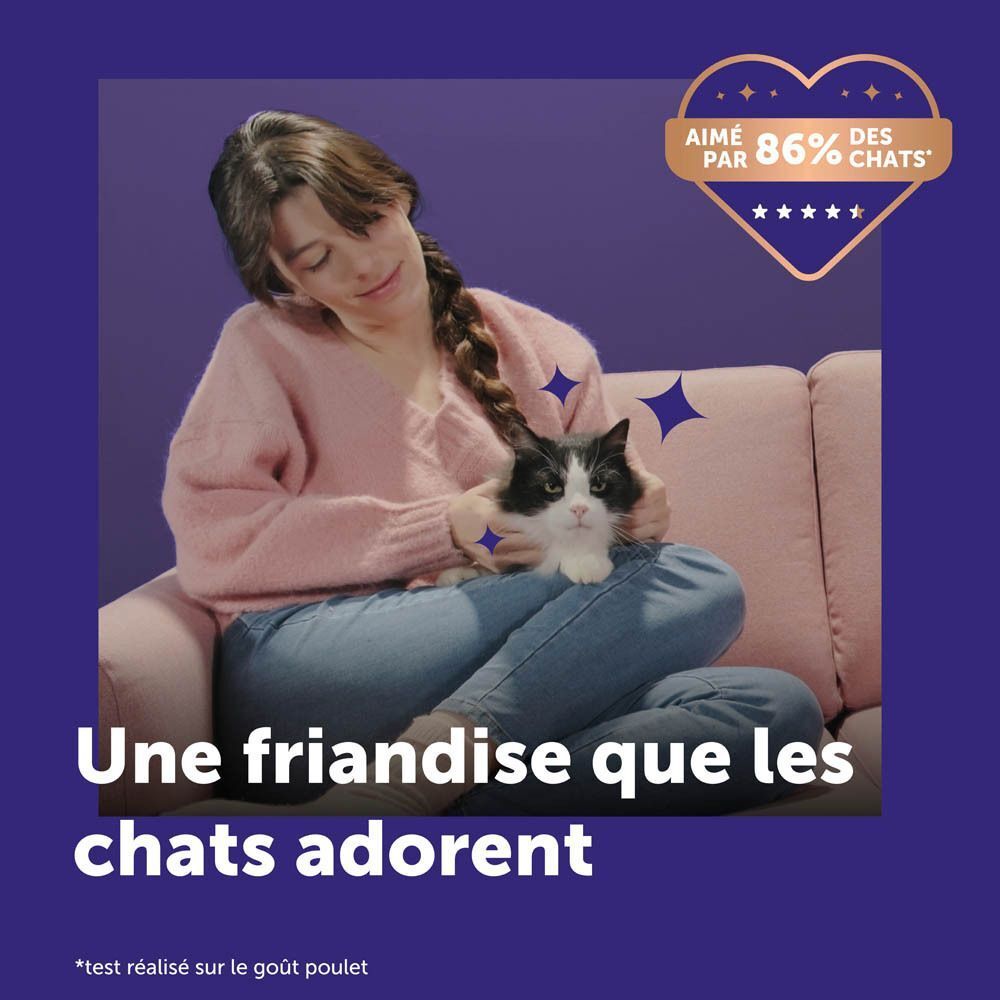 Femme tenant un chat, avec texte sur une amitié aimée par 86% des chats.