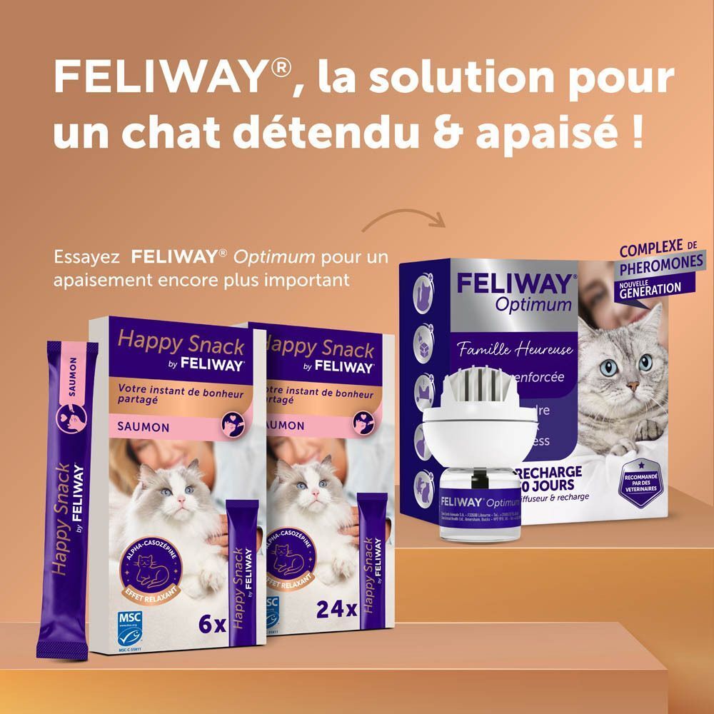 Produit Feliway Optimum : diffuseur et recharge. Deux paquets de Feliway Happy Snack.