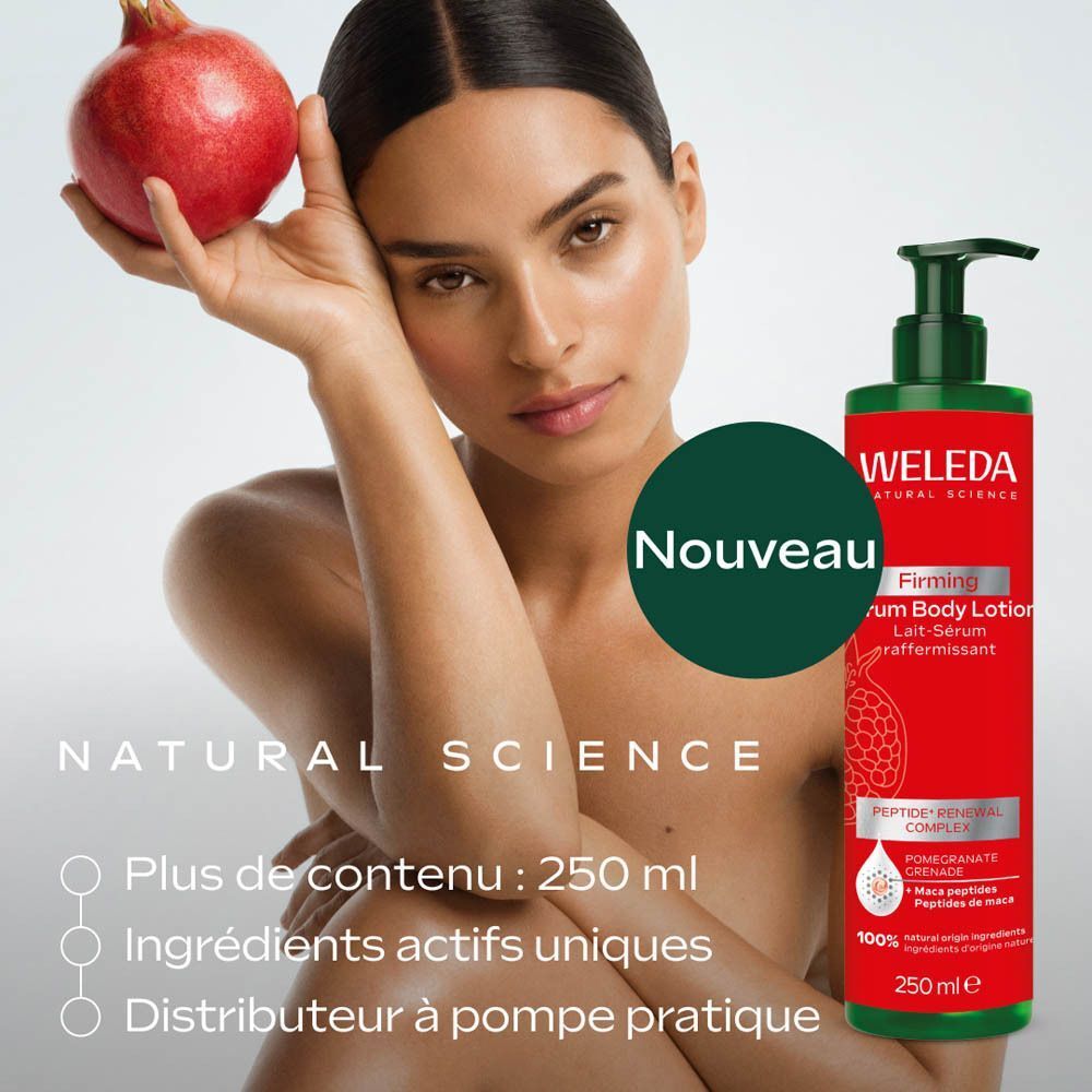 Femme avec grenade et Lait-Sérum Raffermissant Weleda, 250 ml.