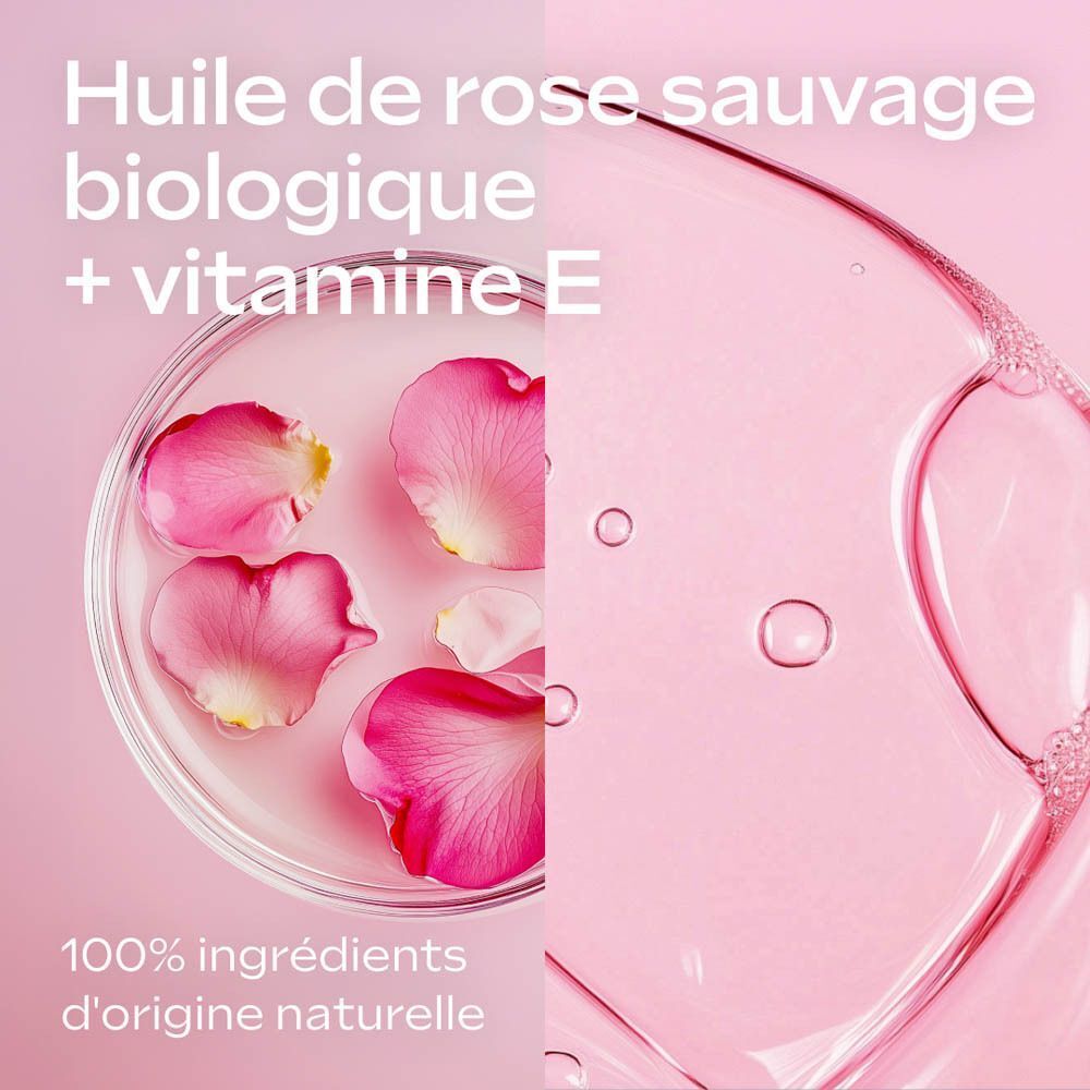 Pétales de rose et vitamine E dans une boîte de Pétri et liquide. 100% d'ingrédients naturels.