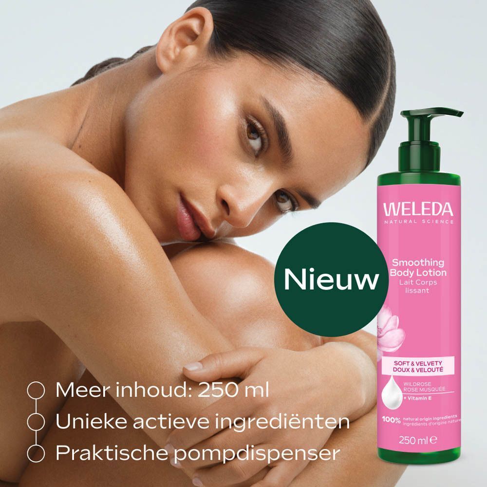 Vrouw met Weleda Gladmakende Bodylotion. Nieuw, 250 ml, praktische pompdosering.