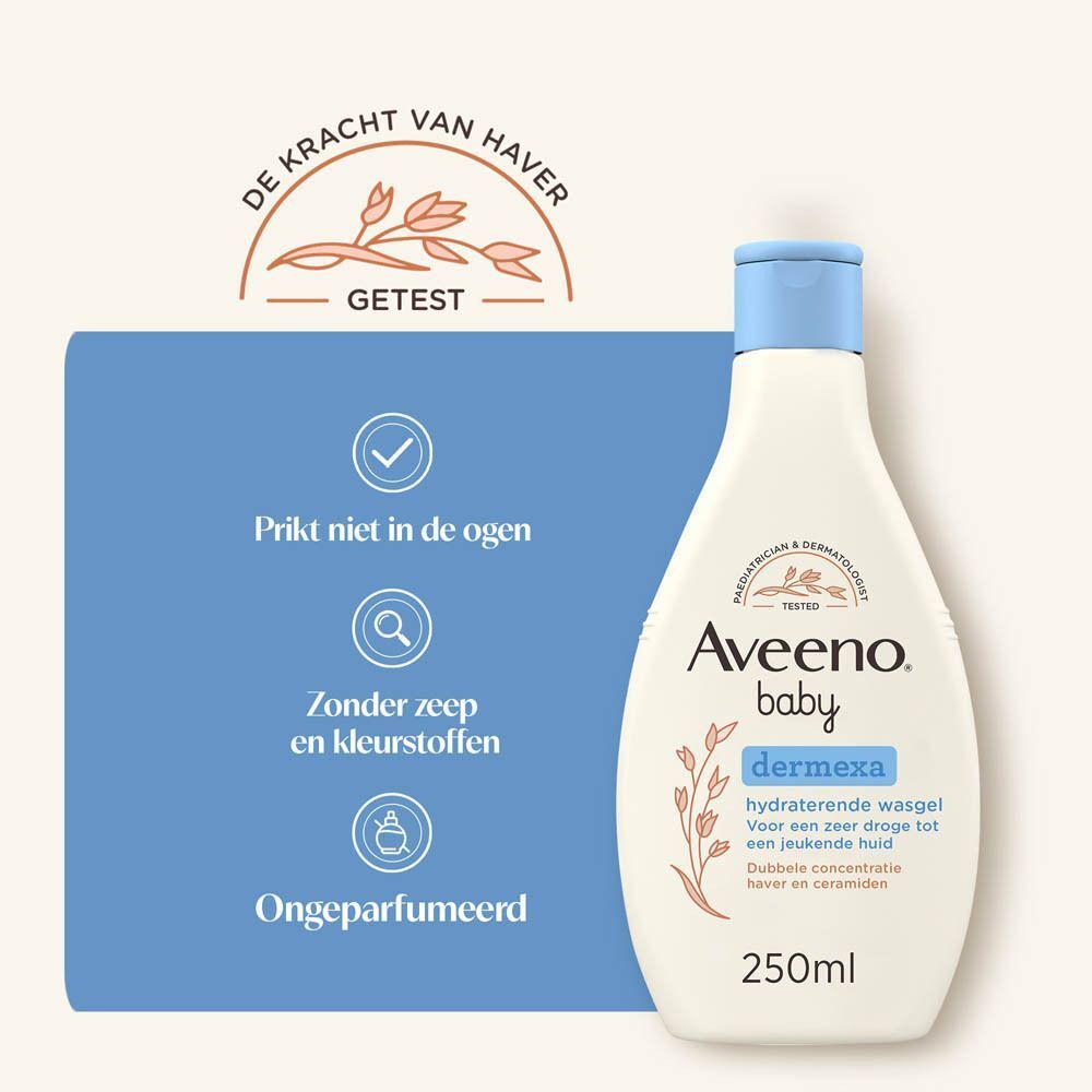 Aveeno Baby Dermexa fles. Zonder zeep, kleurstoffen, parfum.