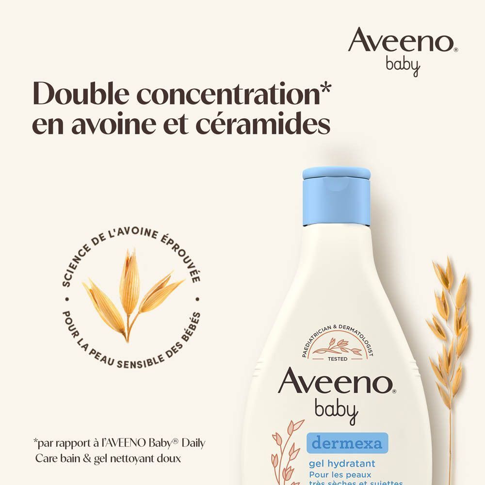 Flacon Aveeno Baby Dermexa avec symbole d'avoine. Texte sur double concentration.
