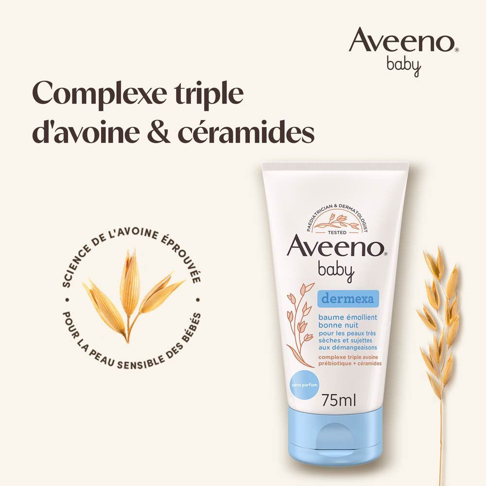 Tube de baume Aveeno Baby Dermexa avec complexe avoine et céramides.