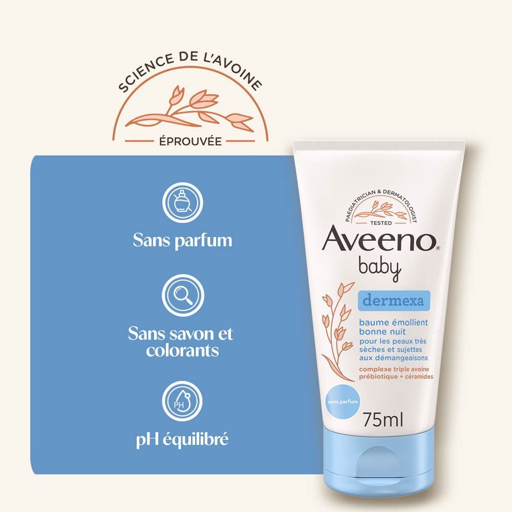 Tube Aveeno Baby Dermexa avec icônes : sans parfum, savon, colorants.