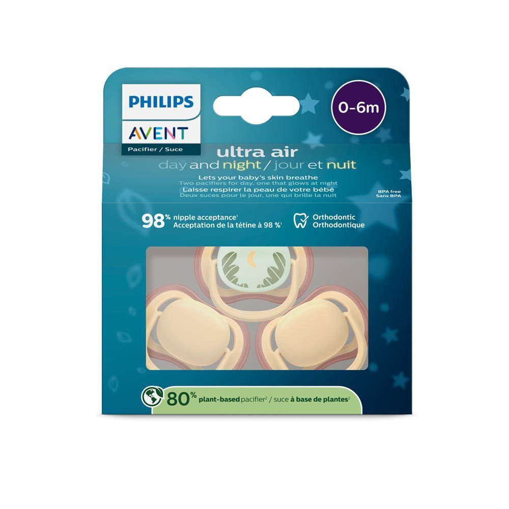 Verpakking van drie Philips Avent Ultra Air fopspenen, 0-6m, 80% plantaardig.