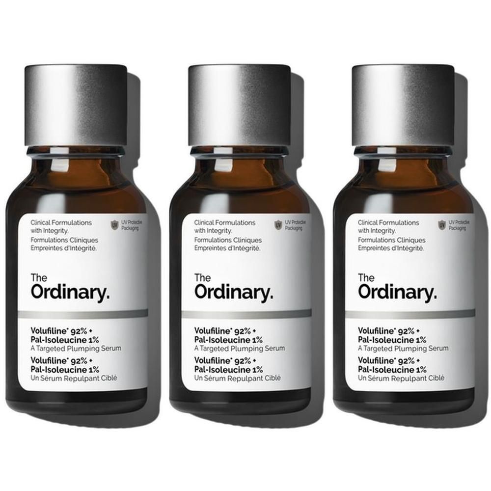 Drei braune Glasflaschen mit silbernen Verschlüssen, jeweils mit dem Etikett 'The Ordinary Volufiline 92% + Pal-Isoleucine 1%'.