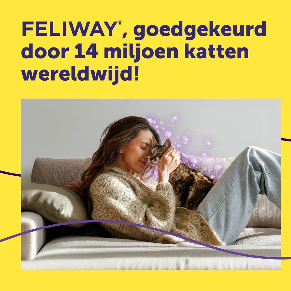 Vrouw aait kat op bank. Tekst: FELIWAY, goedgekeurd door 14 miljoen katten wereldwijd!