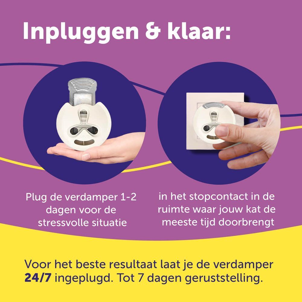 Twee weergaven: hand houdt verdamper vast, hand steekt verdamper in stopcontact. Tekst: Inpluggen & klaar. Steek de verdamper 1-2 dagen voor stressvolle situatie in. Voor beste resultaat 24/7 ingeplugd laten.