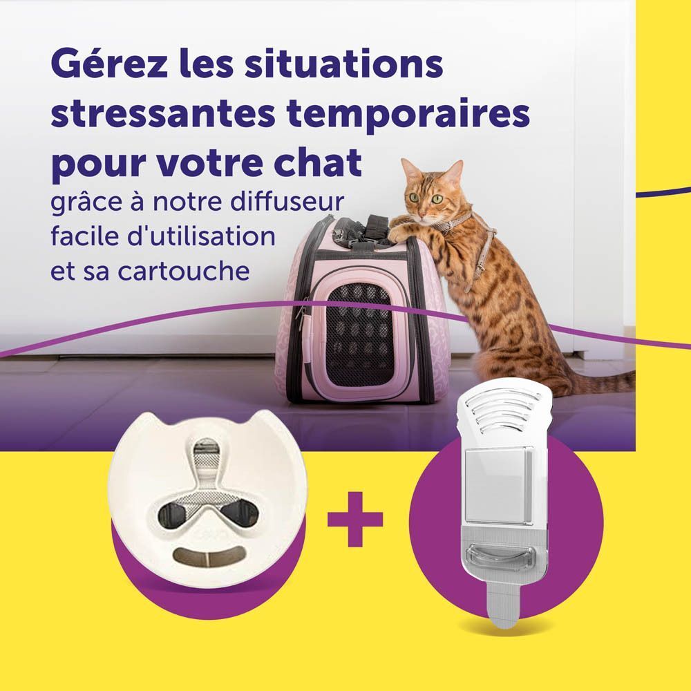Image produit Feliway Help! avec un chat et le texte 'Parce que les chats aiment moins le changement que nous!'.
