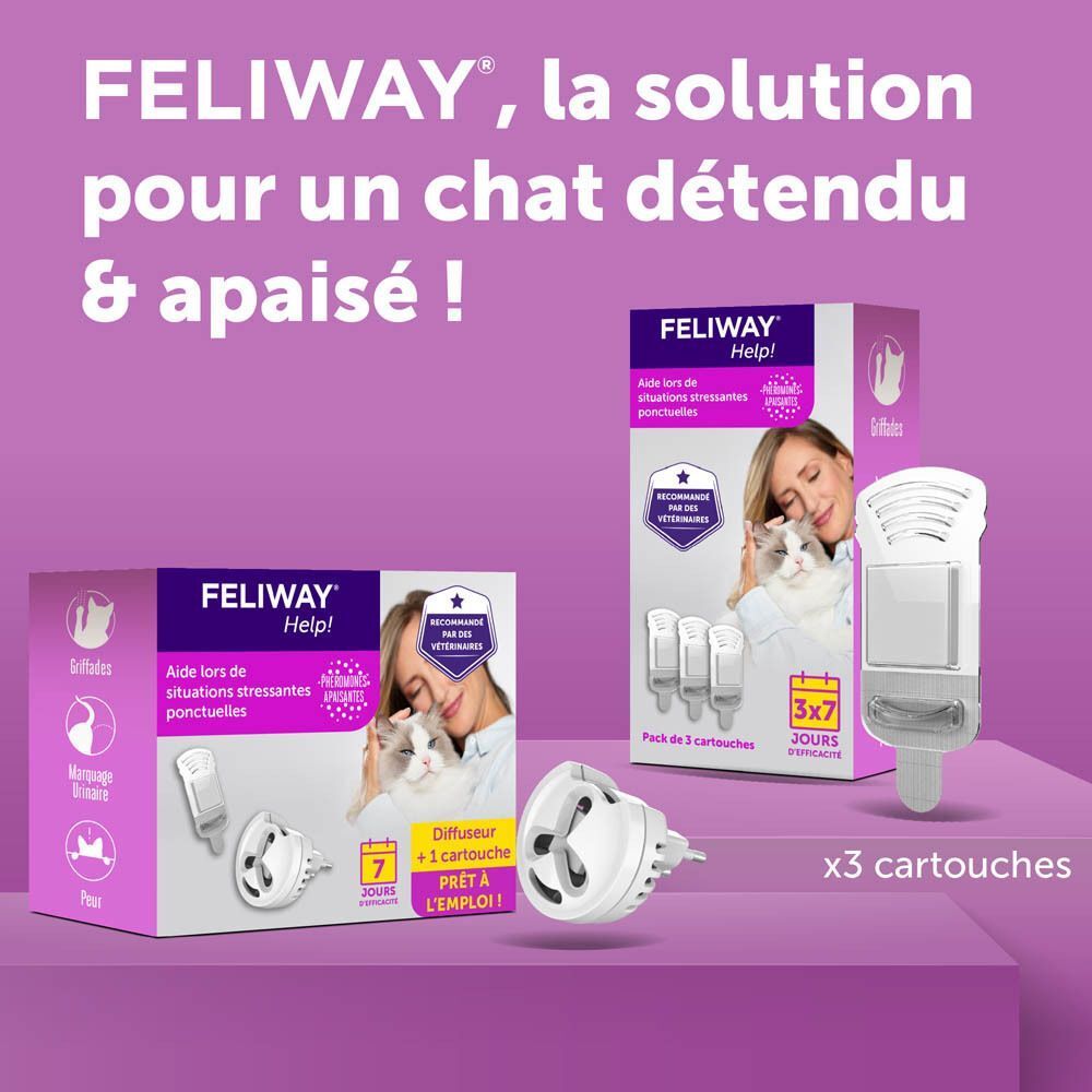 Diffuseur et recharge Feliway Help! pour calmer les chats. Lot de 3x7 jours.