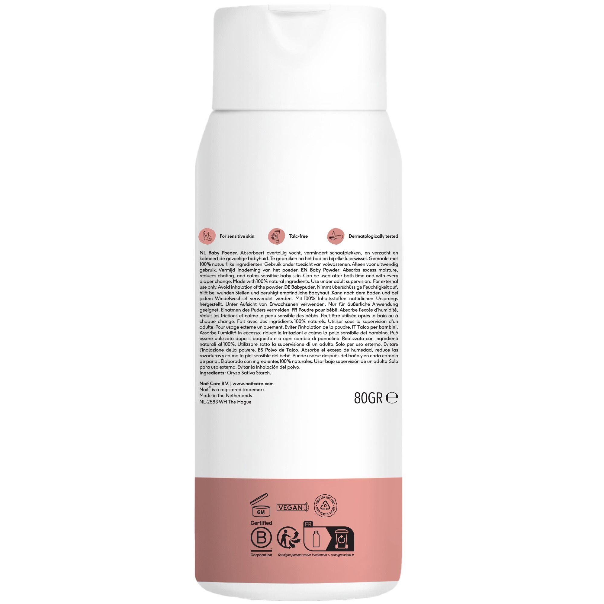 Rückseite einer Flasche Naïf Baby Powder mit Produktinformationen und Siegeln (Vegan, Allergy Certified).