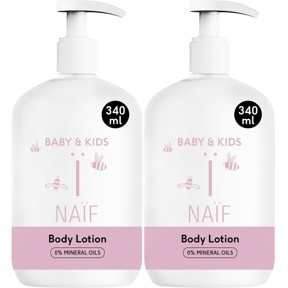 Zwei weiße Pumpspenderflaschen Naïf Body Lotion für Babys und Kinder, 340 ml.