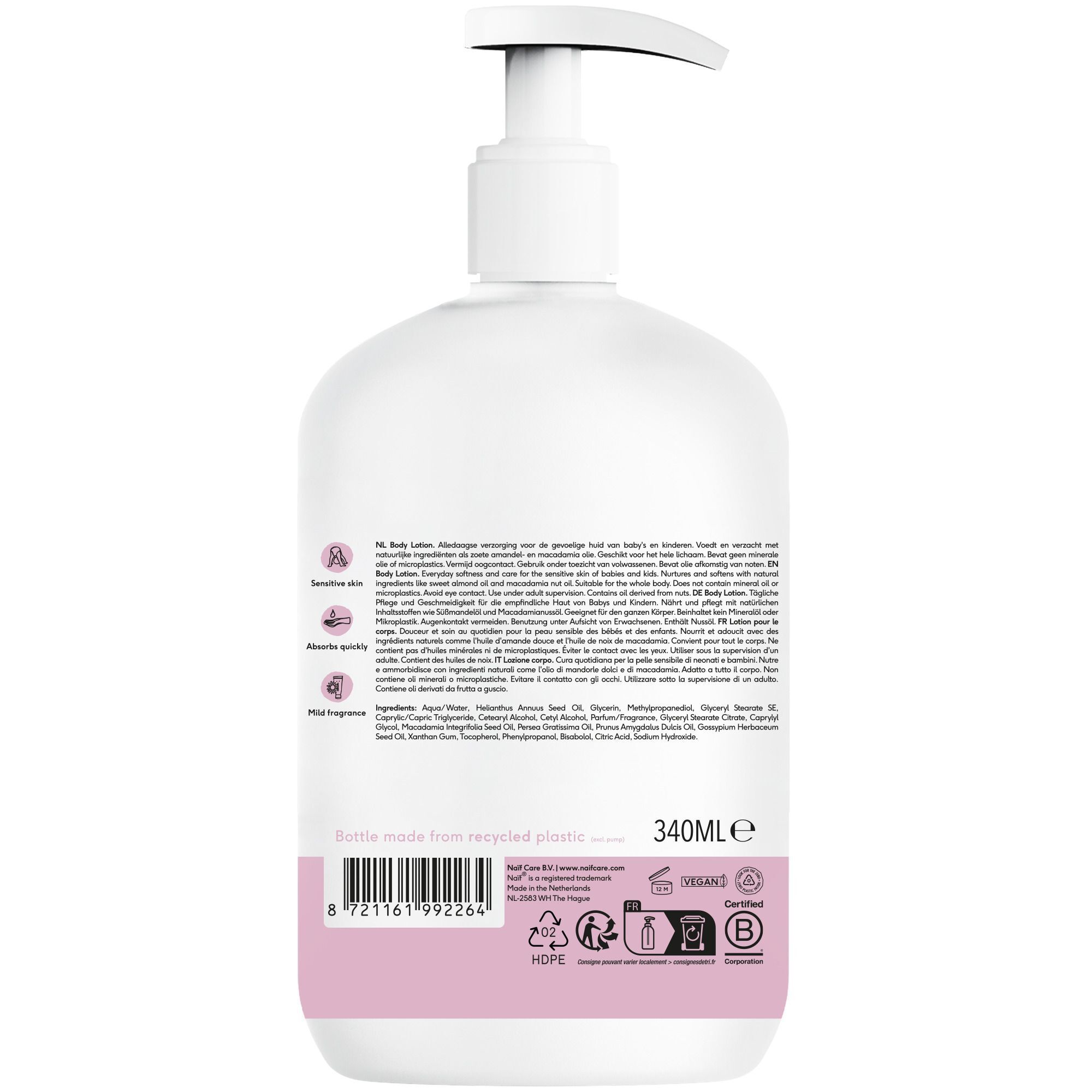 Rückseite einer Naïf Body Lotion Flasche mit Inhaltsstoffen und Zertifizierungen.