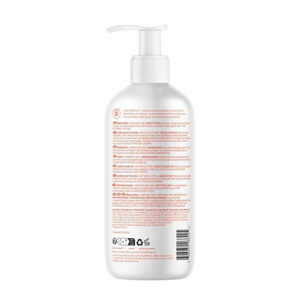 Rückseite einer weißen Pumpflasche ATTITUDE® Baby Leaves Körperlotion mit Inhaltsstoffen und Zertifizierungen.
