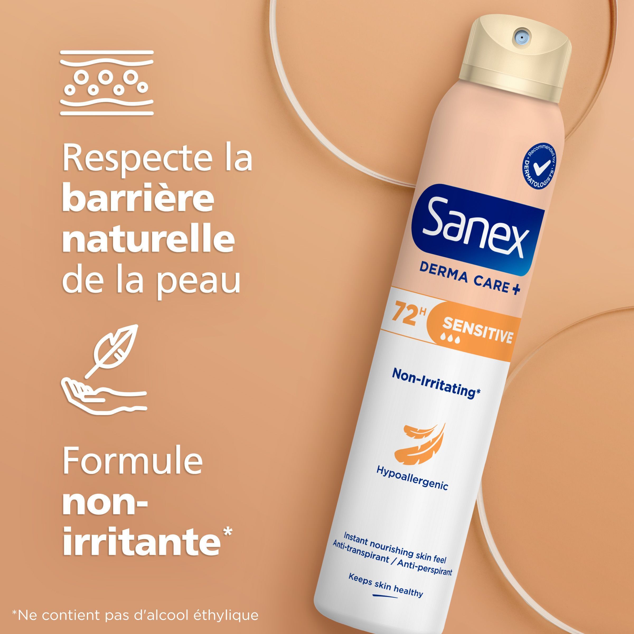 Sanex Derma Care+ 72h Sensitive spray déodorant, boîte blanche et rose, non irritant, hypoallergénique.
