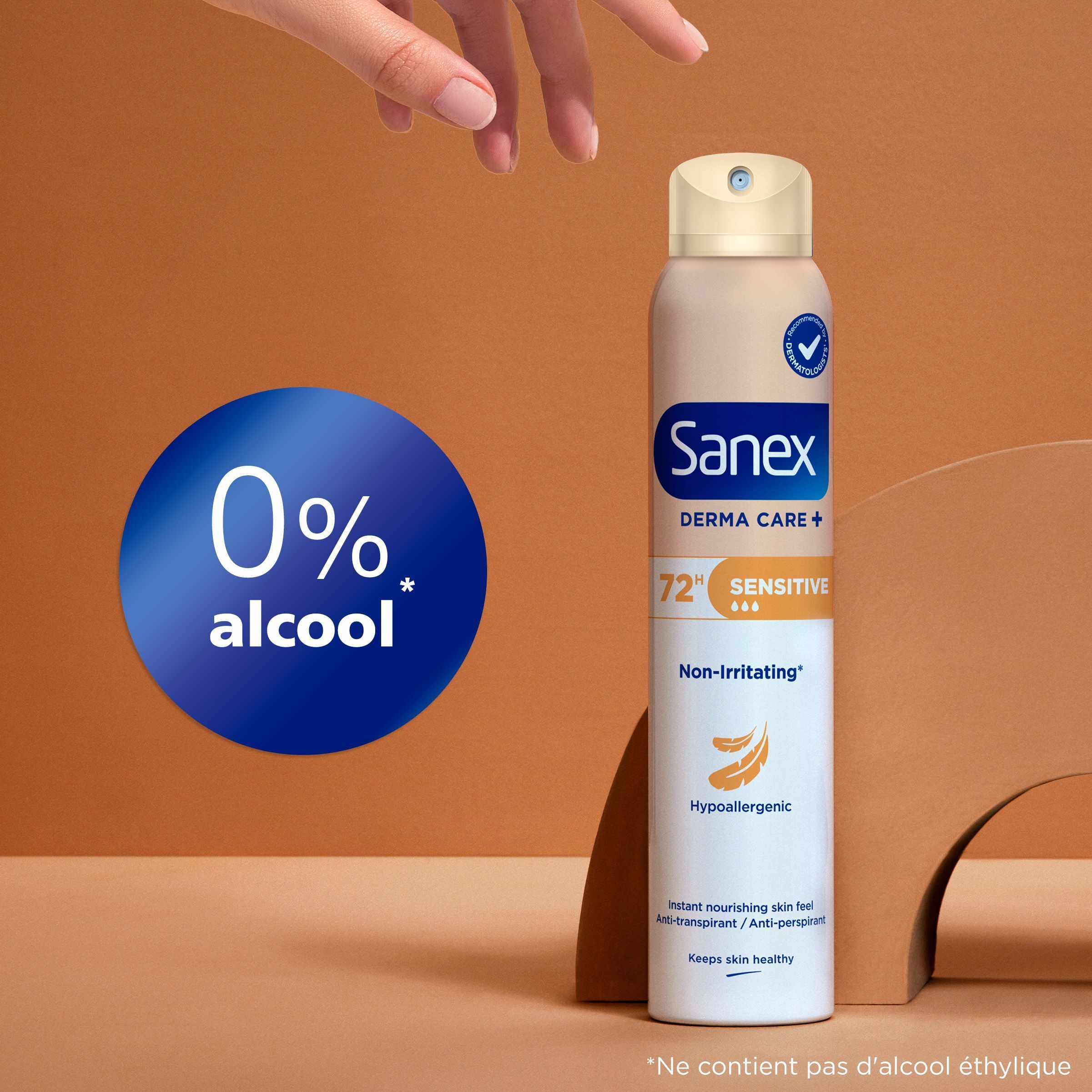 Sanex Derma Care+ 72h Sensitive spray déodorant, 0% alcool, hypoallergénique.