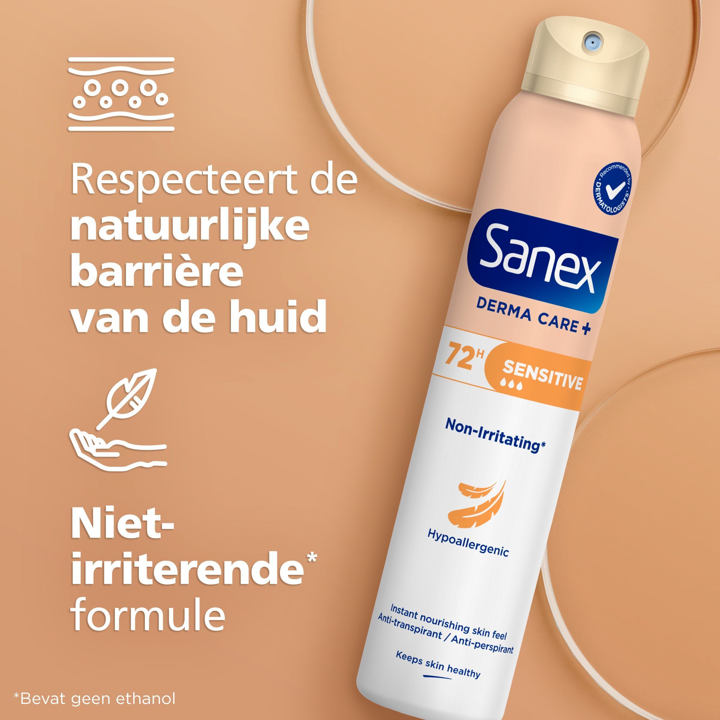 Sanex Derma Care+ 72h Sensitive Deodorant Spray. Niet-irriterend, hypoallergeen.