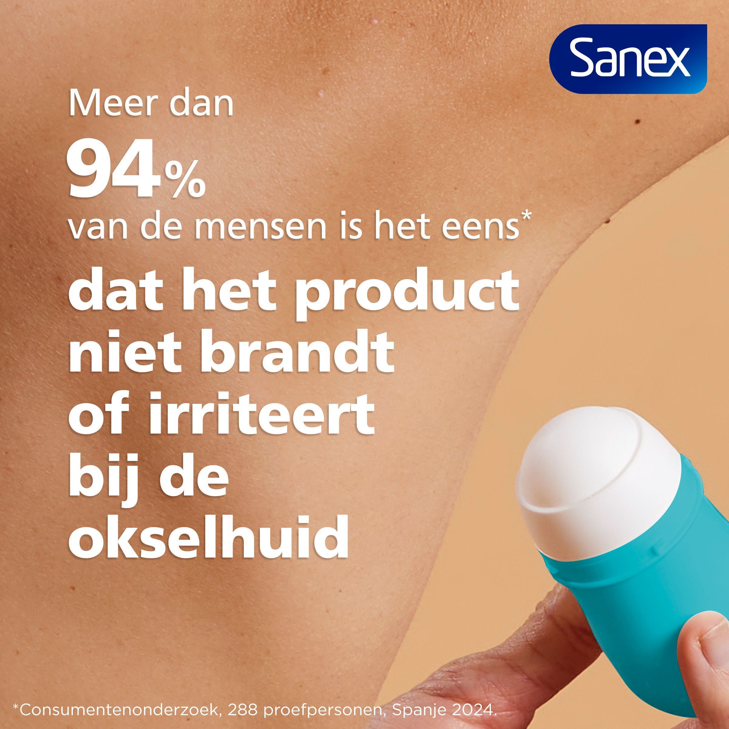 Sanex deodorant roll-on in turquoise en wit. Tekst: Meer dan 94% van de mensen is het ermee eens dat het product niet brandt of irriteert.