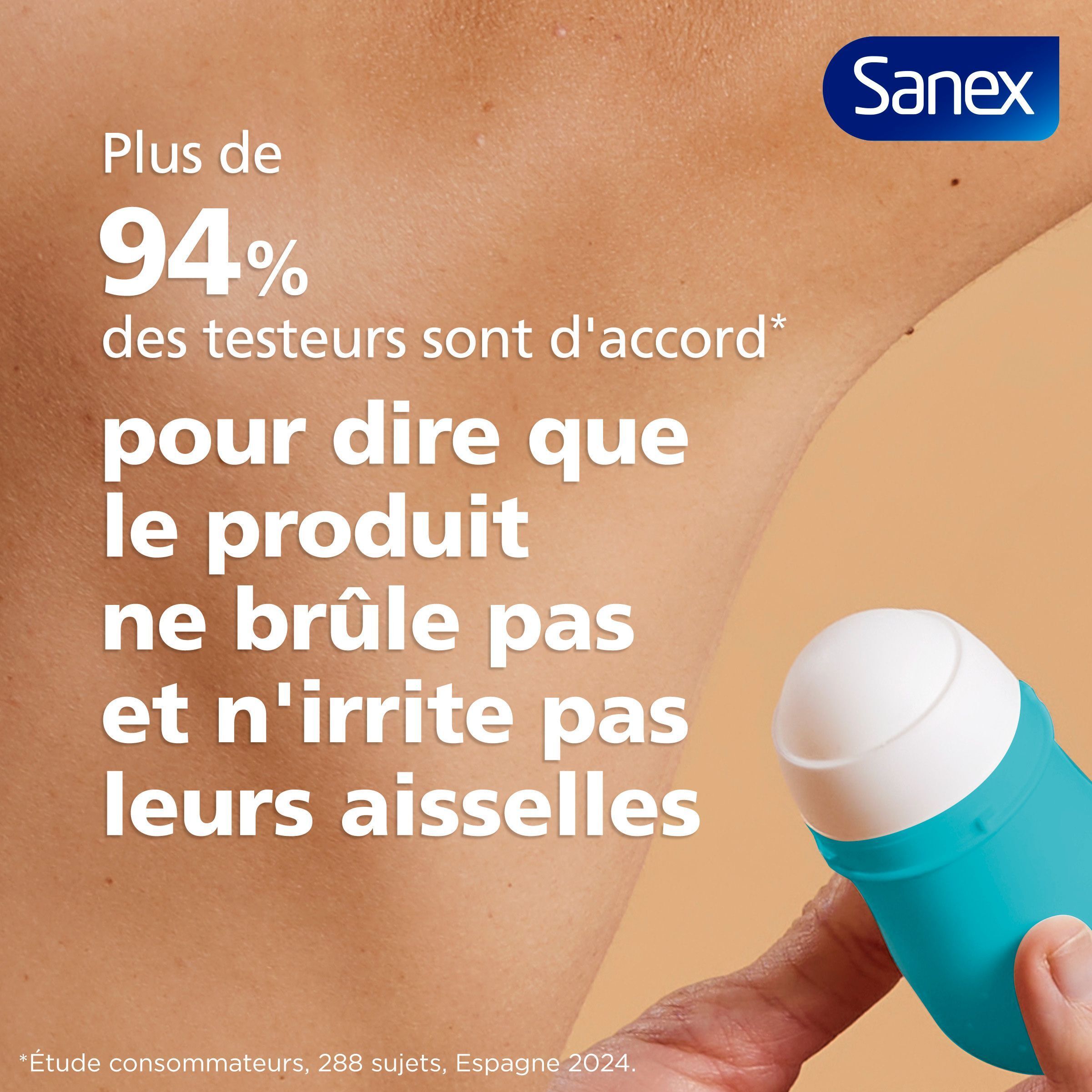 Un déodorant roll-on Sanex bleu et blanc.