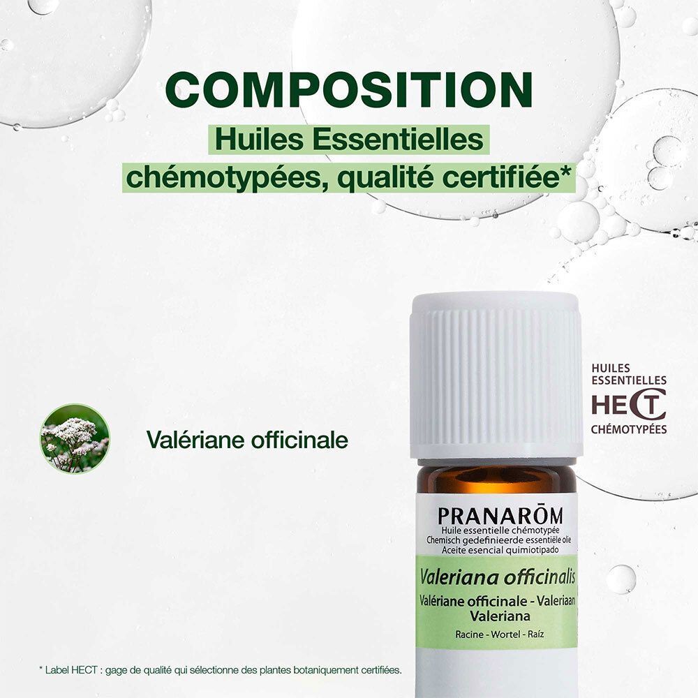 Petite bouteille en verre brun avec bouchon à vis blanc, contenant de l'huile essentielle de Valeriana officinalis. L'étiquette indique la marque PRANAROM et le nom du produit.