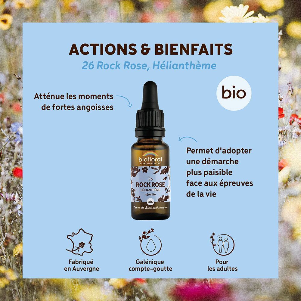 Flacon BIOFLORAL Rock Rose avec pipette, entouré de texte sur les actions et bienfaits.