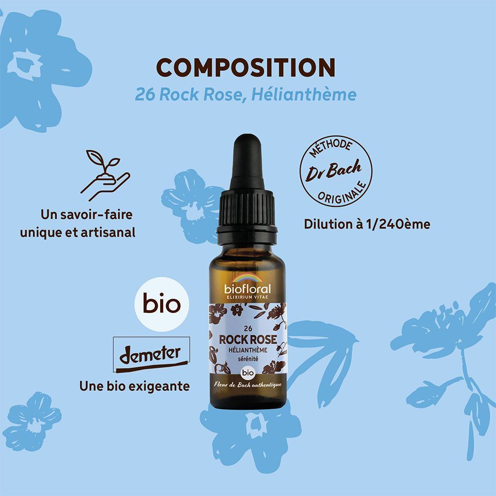 Flacon BIOFLORAL Rock Rose avec pipette, avec texte sur la composition et labels bio.