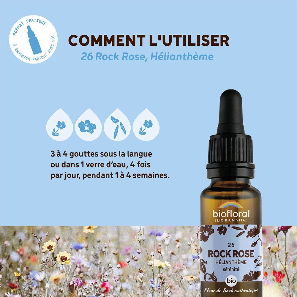 Flacon BIOFLORAL Rock Rose avec pipette, avec instructions d'utilisation.