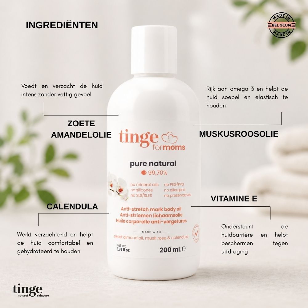 Fles Tinge for Moms anti-striemen lichaamsolie met tekst over ingrediënten en voordelen.