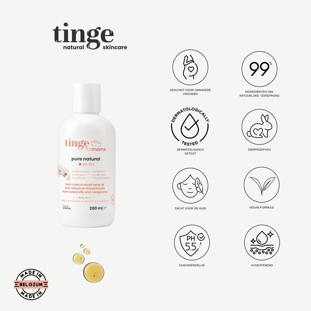 Fles Tinge for Moms anti-striemen lichaamsolie met iconen voor keurmerken en voordelen.