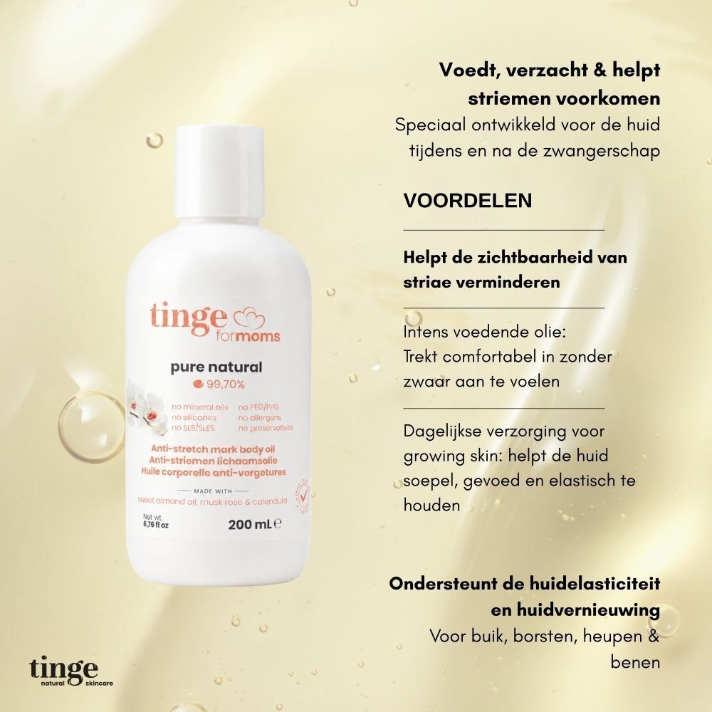 Een witte fles Tinge for Moms anti-stretch mark body oil met tekst.