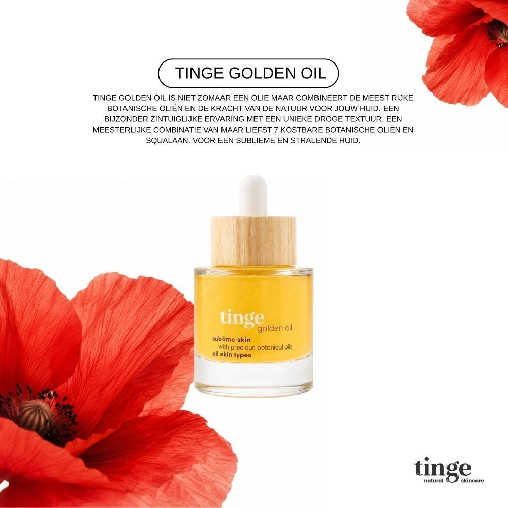 Een flesje Tinge Golden Oil met pipet en houten dop, omringd door rode klaprozen.