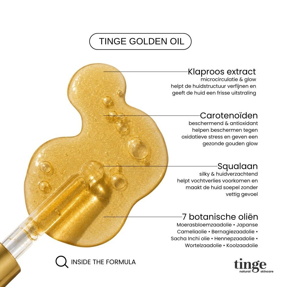 Druppels Tinge Golden Oil met pipet, die ingrediënten zoals Klaproos extract tonen.