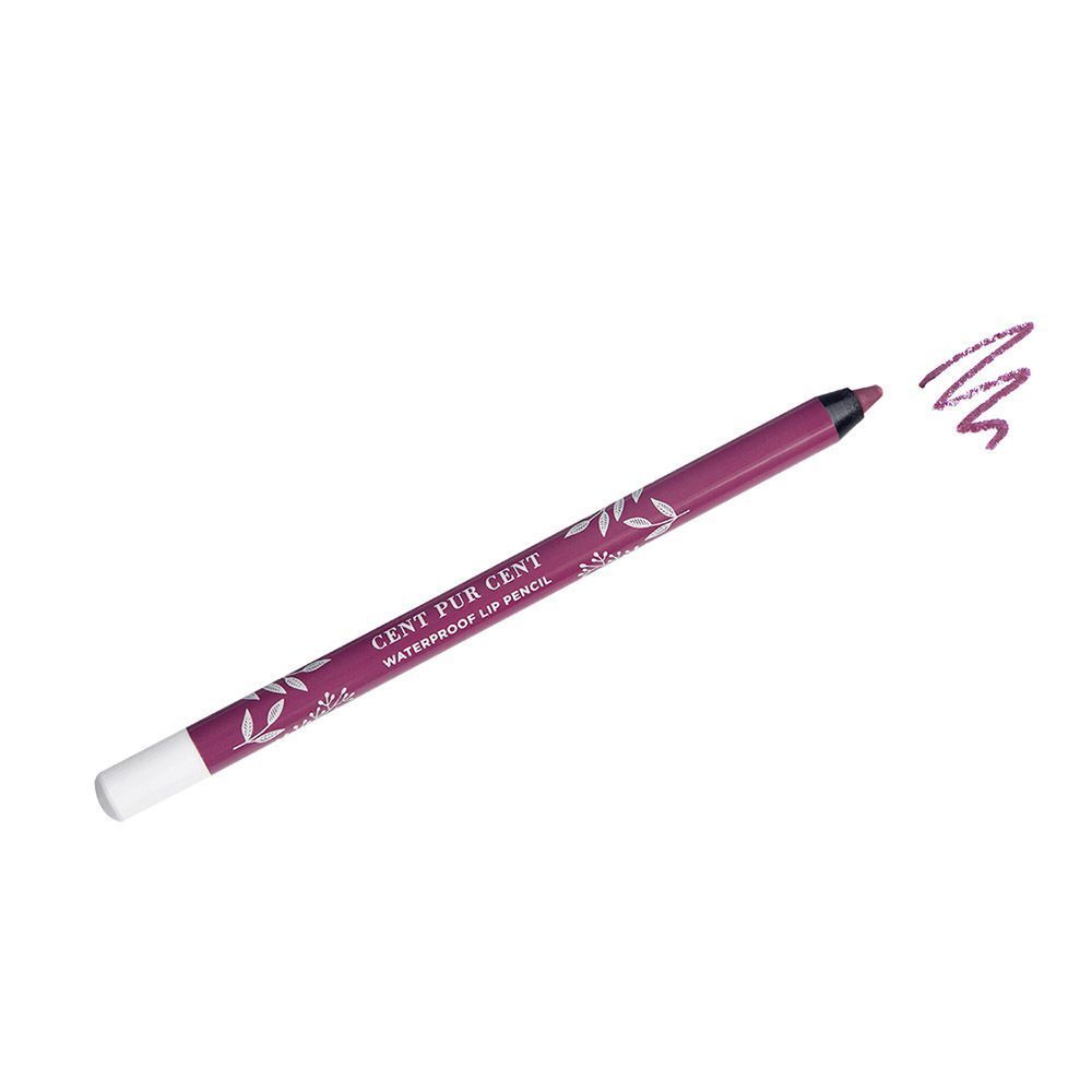 Een paarse waterdichte lippenstiftpotlood met bladerpatroon.