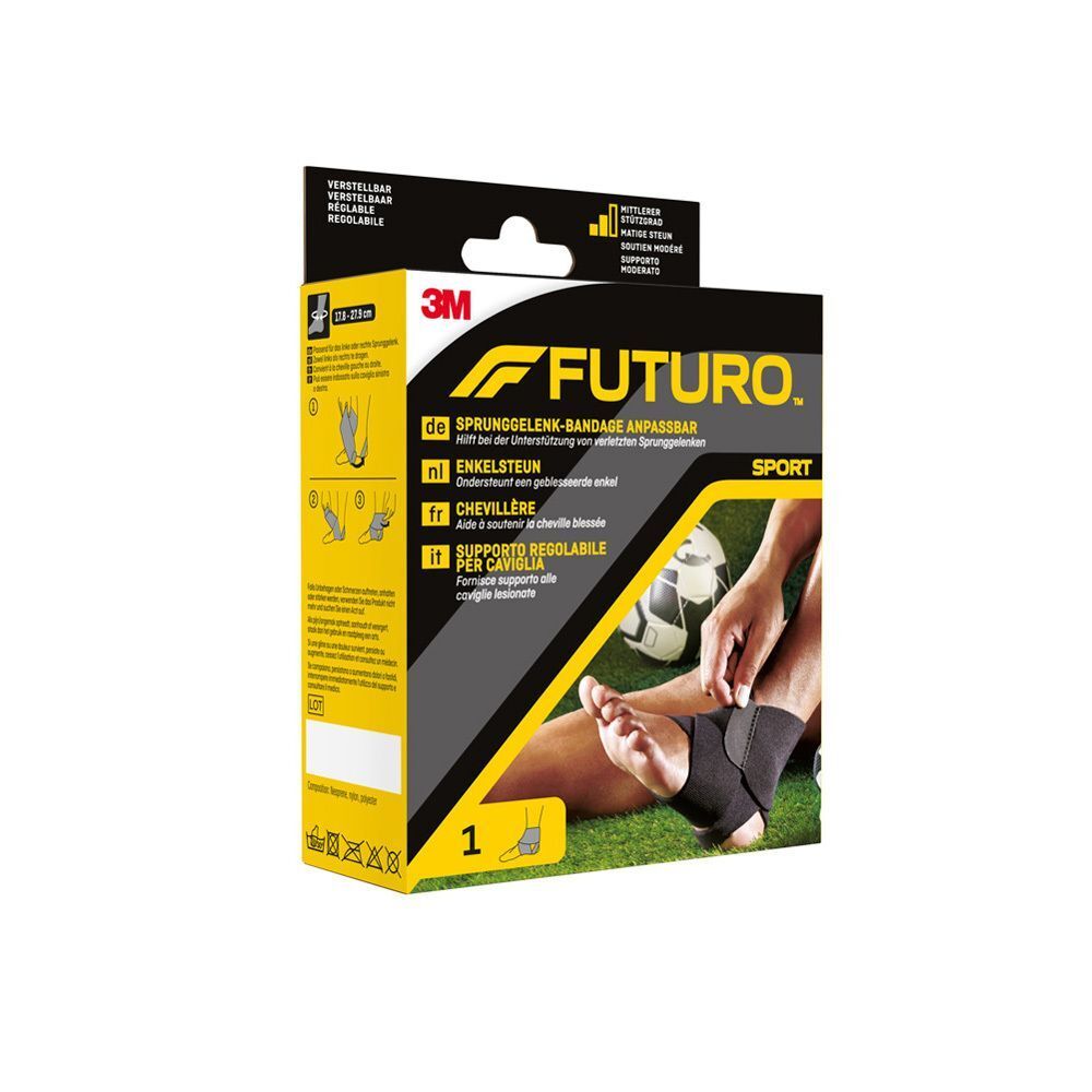 Chevillère Futuro dans sa boîte, avec image de pied portant une chevillère et instructions.